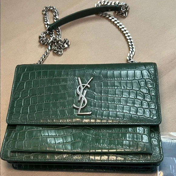 Yves Saint Laurent Dark Green Croc-Embossed Crossbody Bag - Picture 3 of 13